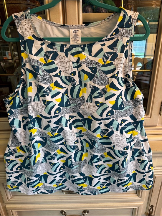 Lands' End Other - Lands' End Sleeveless Fish-Pattern Swim Tank in Teal, Navy & Yellow